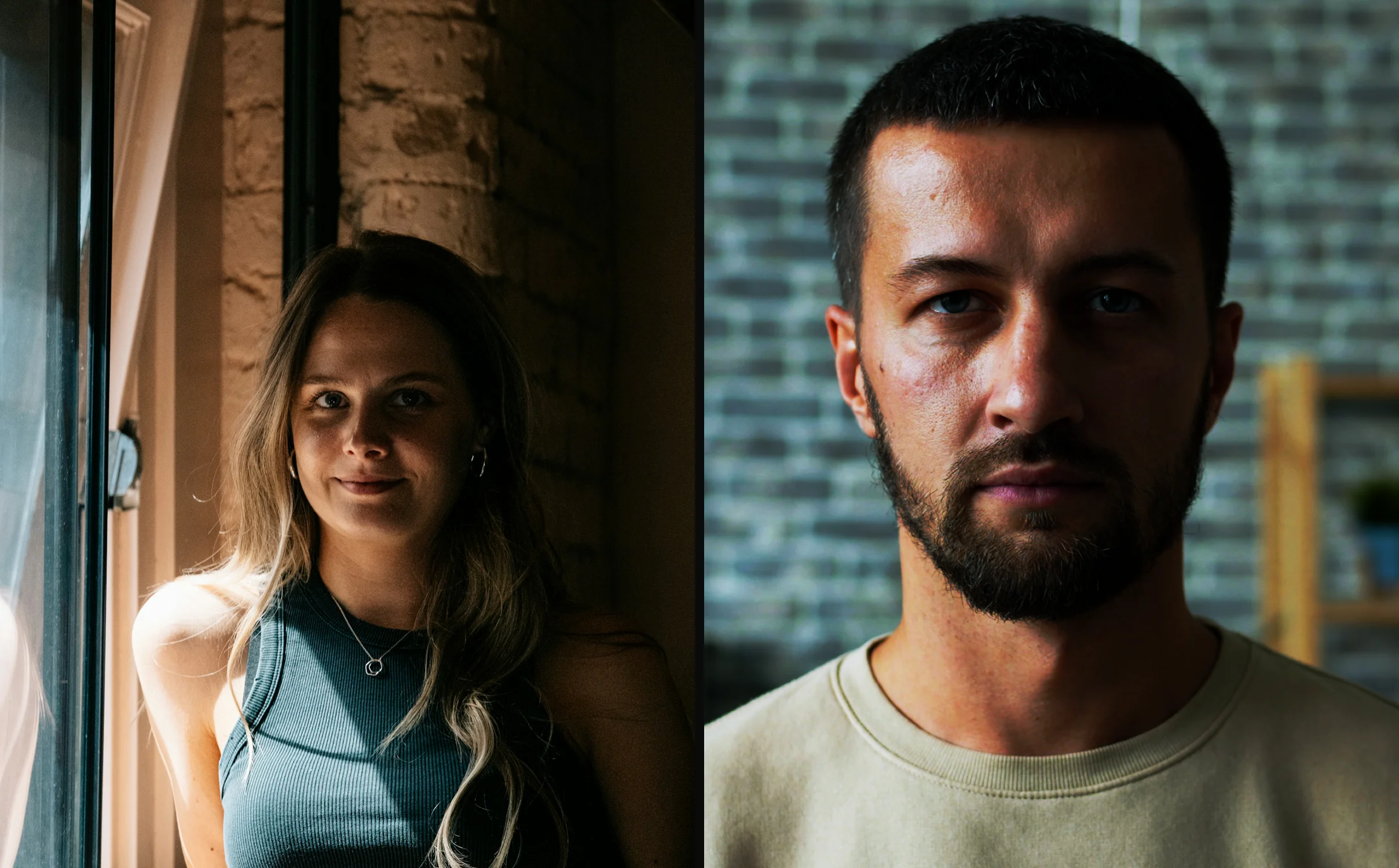 Left, the reference: a woman in dark window light. Right, a different portrait developed in NOISO. with the look Style match built from that reference.