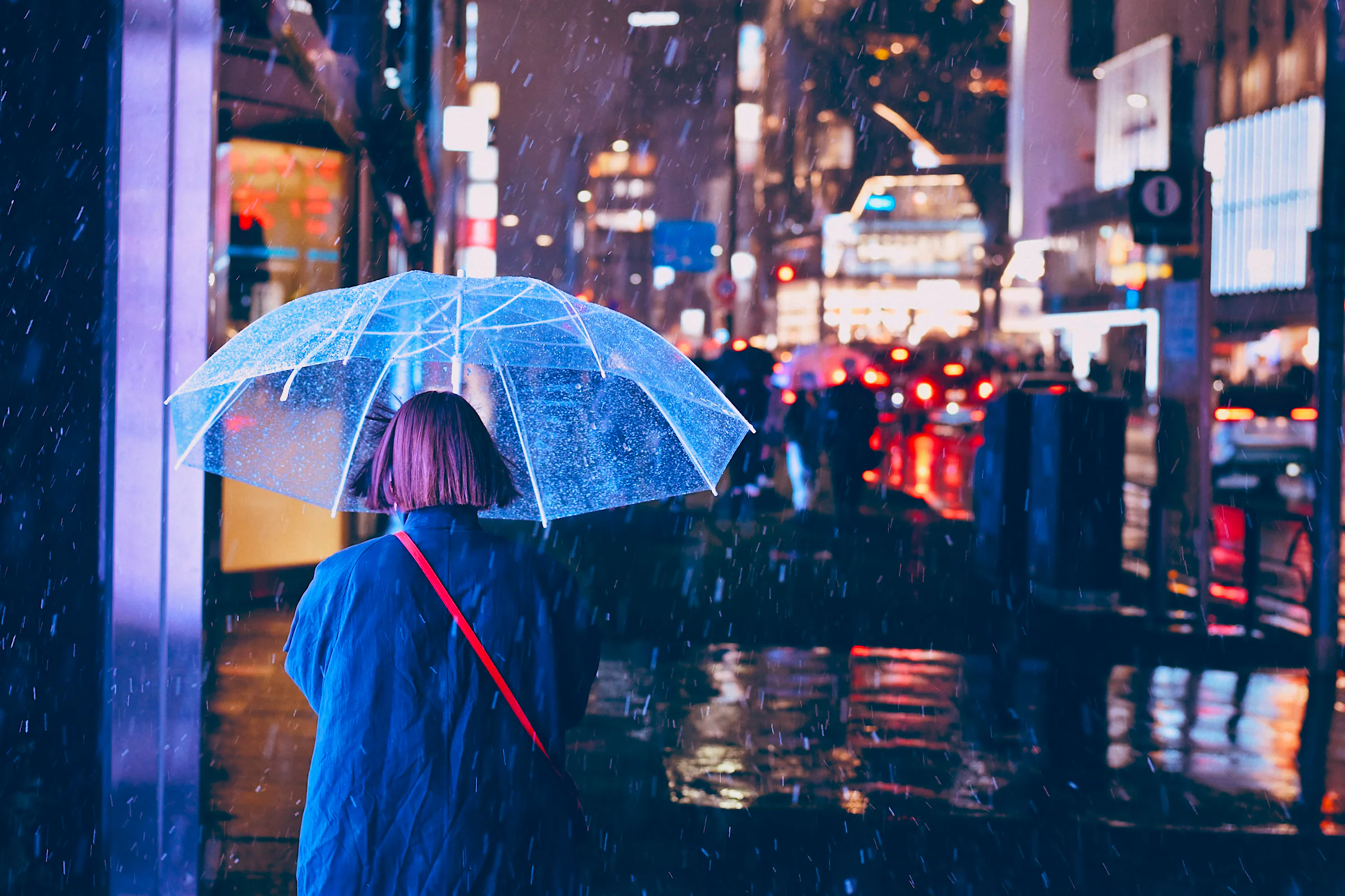 A person with a clear umbrella on a rainy street at night, city lights blurred behind.
